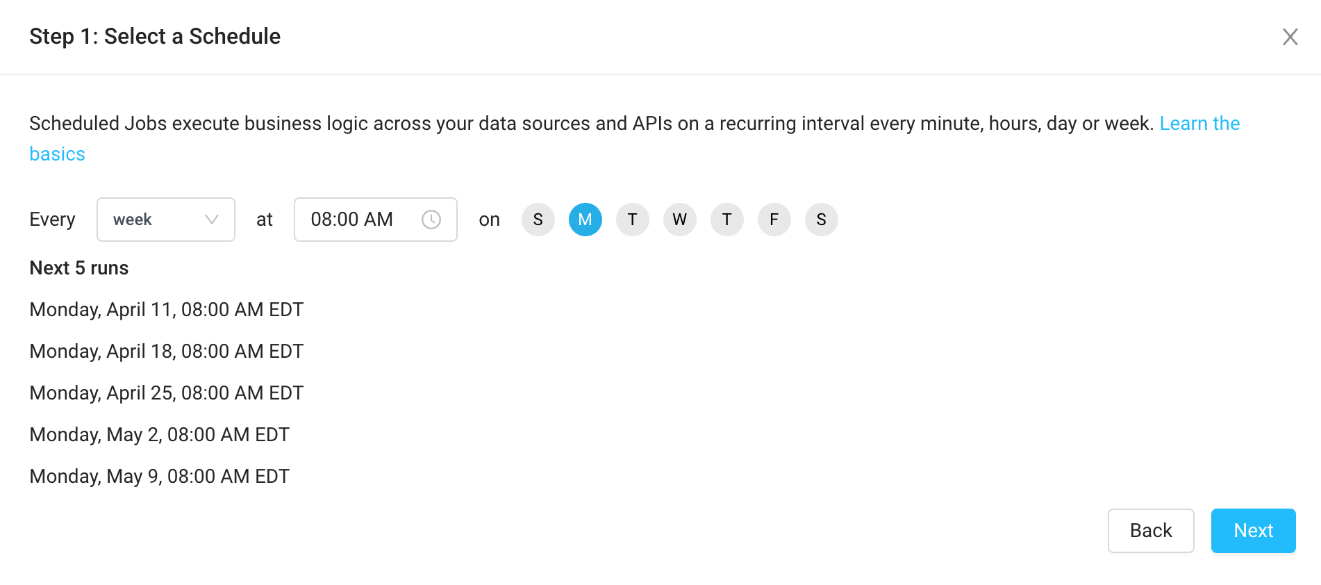 Scheduled jobs execute business logic across your data sources and APIs on a recurring interval every minute, hour, day or week.