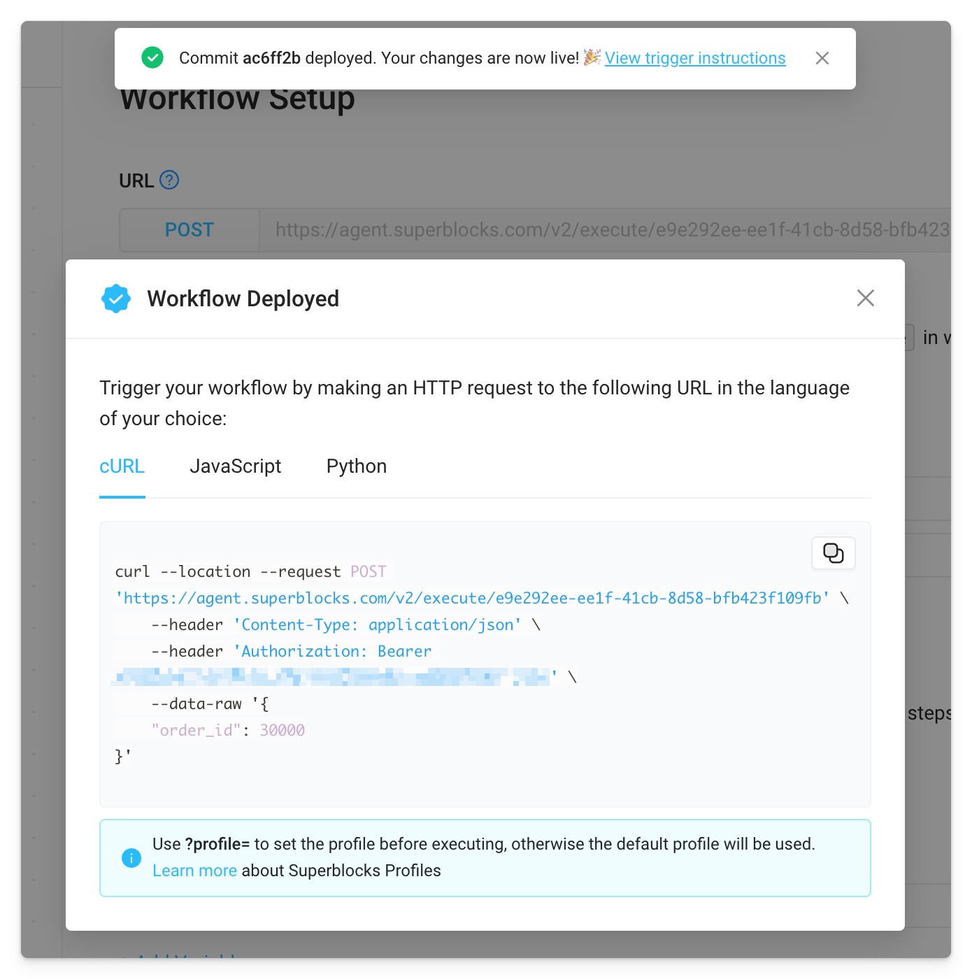Workflow deploy confirmation and trigger instructions Workflow deploy confirmation and trigger instructions