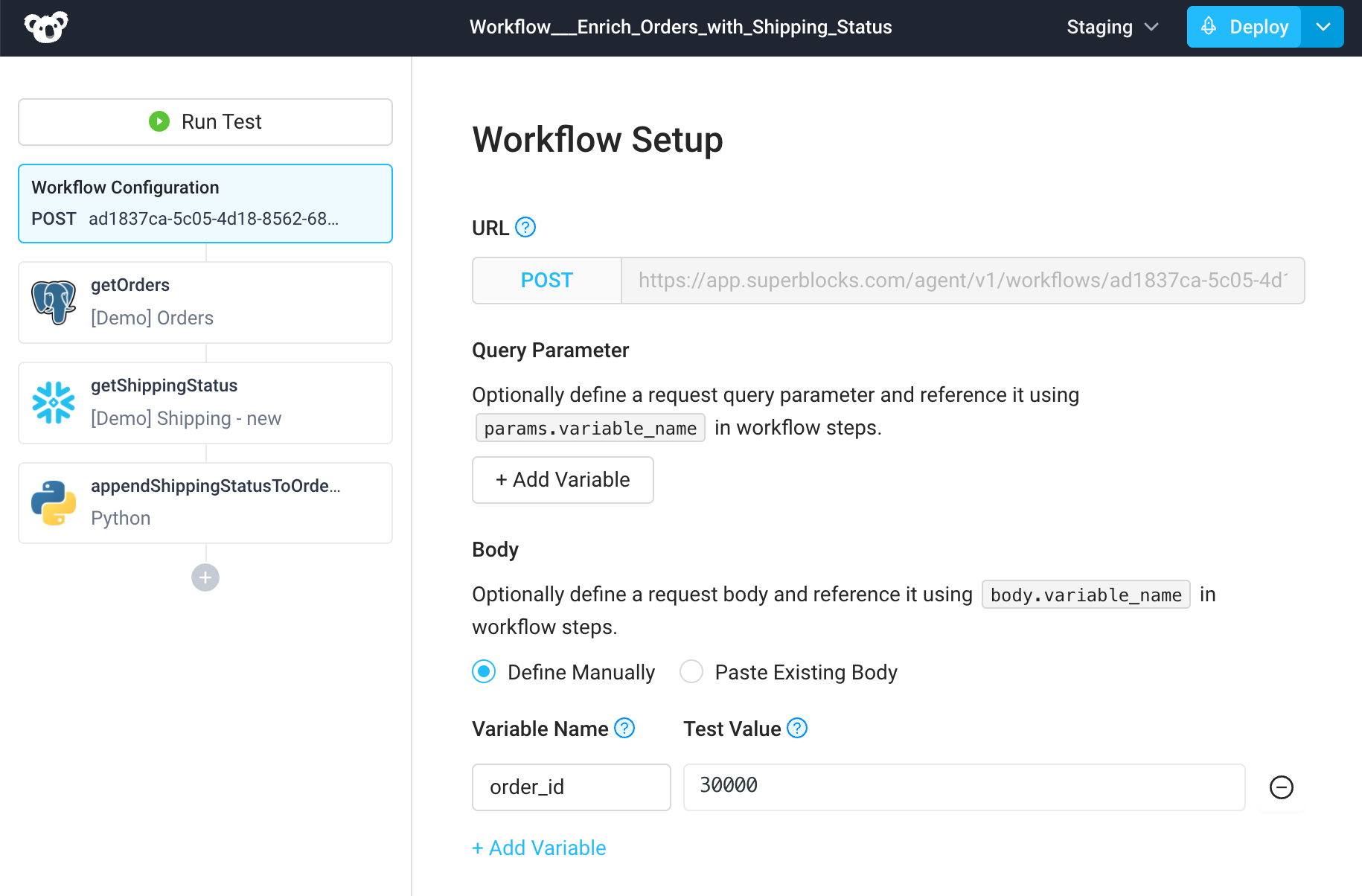 Workflow to query data from Postgres and Snowflake, merge with Python and return Example workflow that reads data from Postgres and Snowflake then uses Python to merge the data and return it