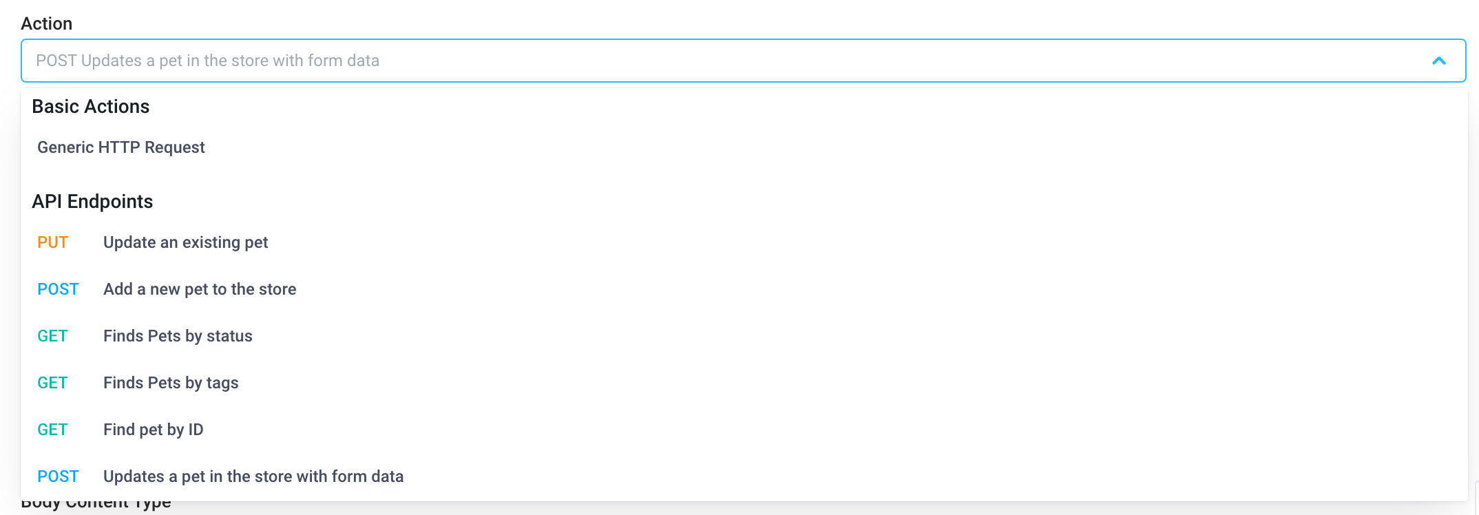Integration Actions menu showing Action endpoints for a REST API Integration Actions menu showing Action endpoints for a REST API