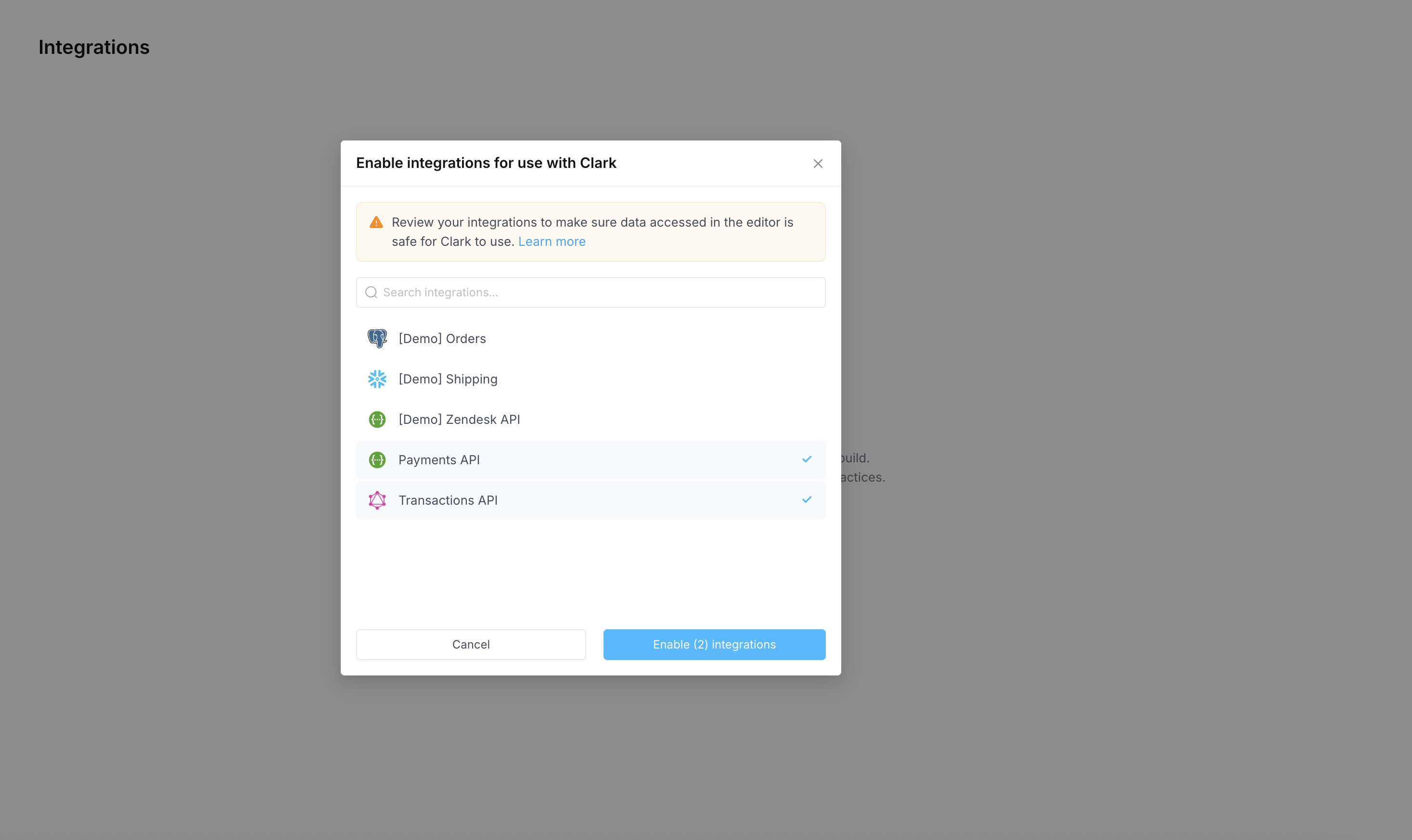 Enable integrations modal