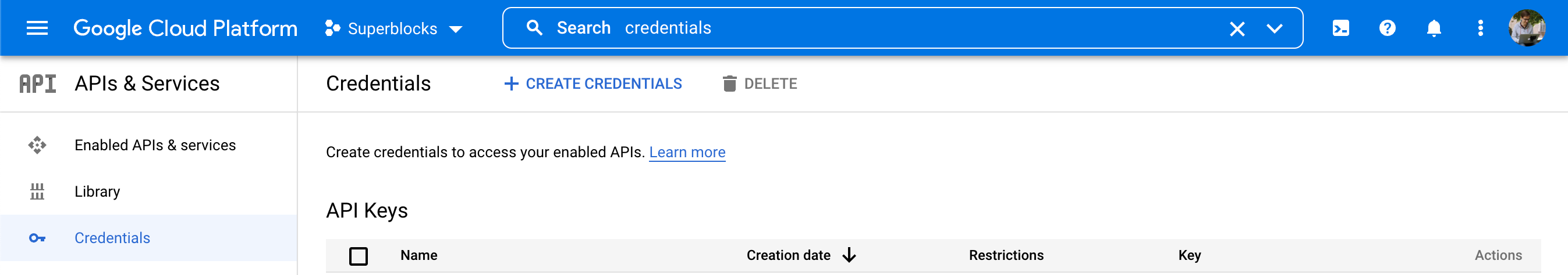 The Credentials page on Google Cloud Platform's Dashboard