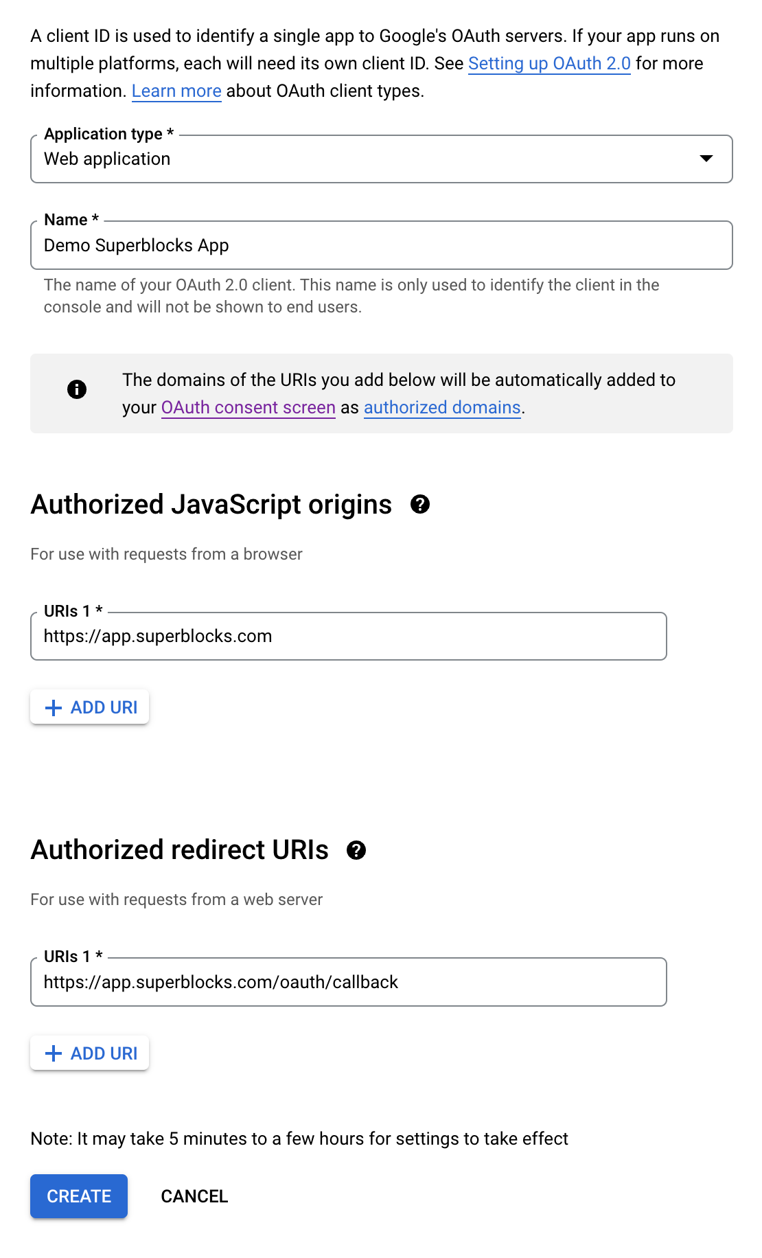 Specify Superblocks as authorized JavaScript origin and authorized redirect URI in Google Specify Superblocks as authorized JavaScript origin and authorized redirect URI in Google