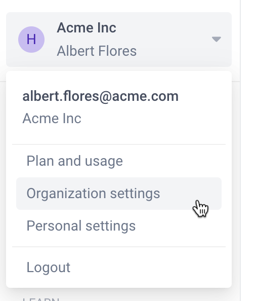 Menu for switching to settings menus Menu for switching to settings menus