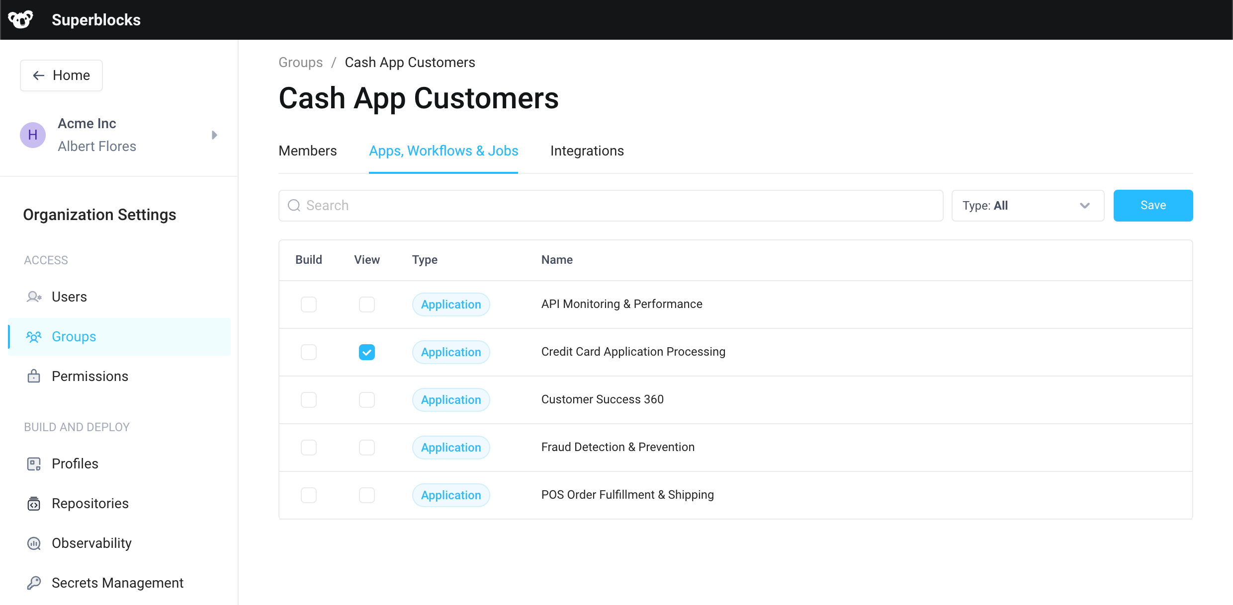 Cash App Customer user group with view access to "Credit Card Application Processing" tool
