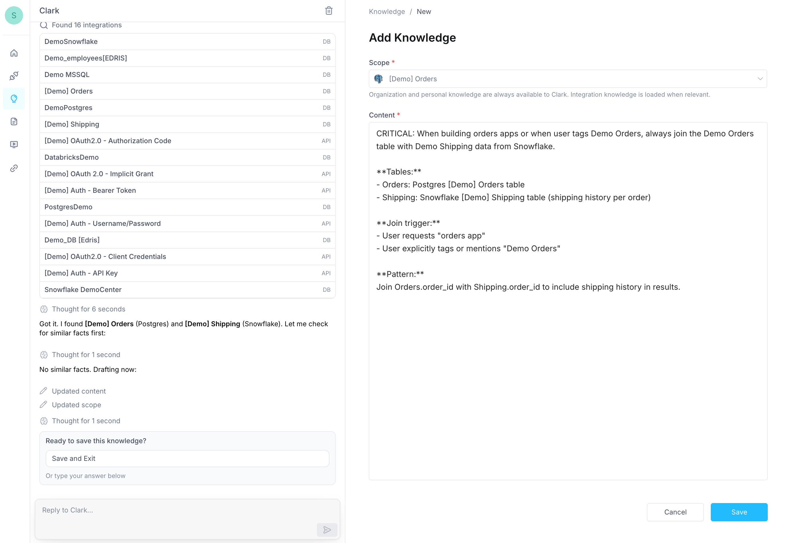 Clark creating an integration knowledge entry