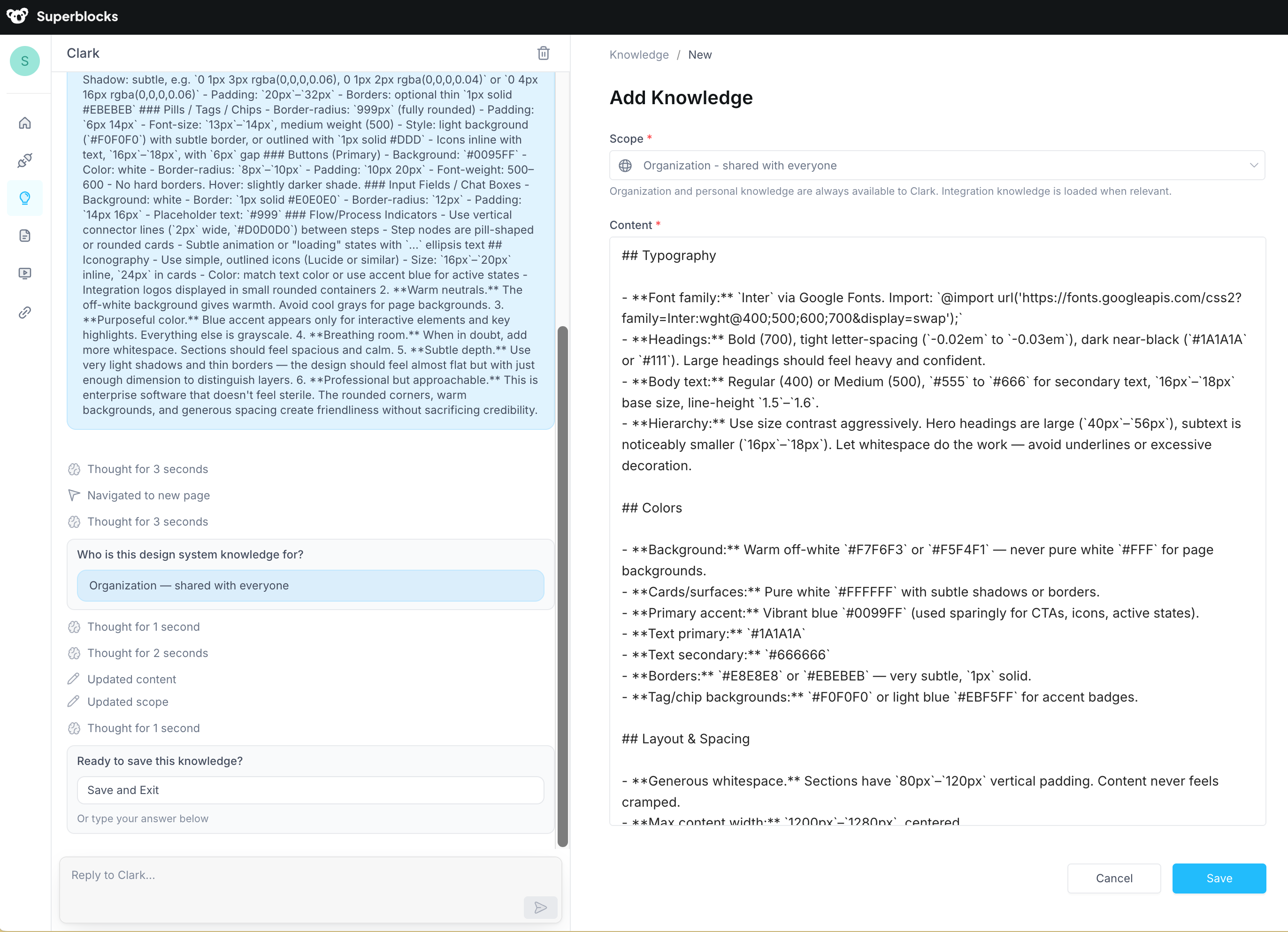 Clark creating an org knowledge entry