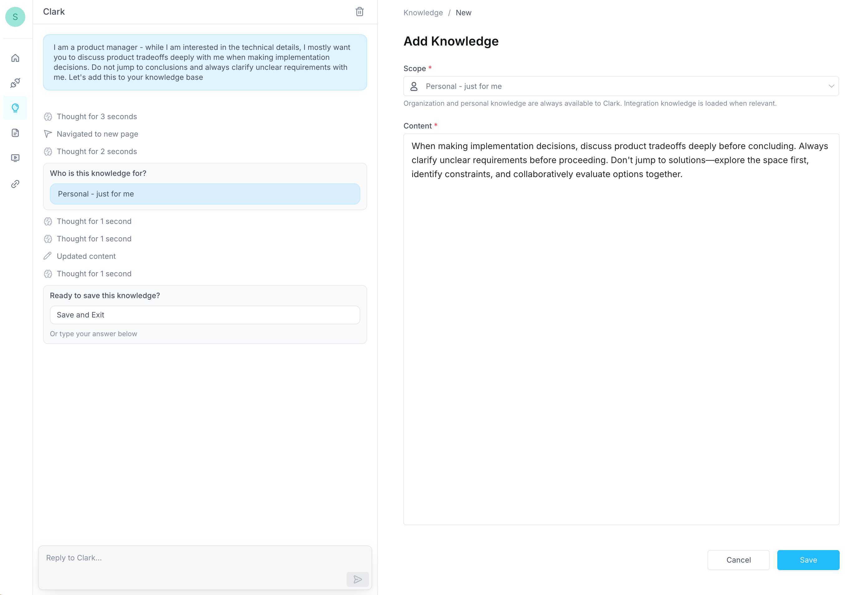 Clark creating a personal knowledge entry