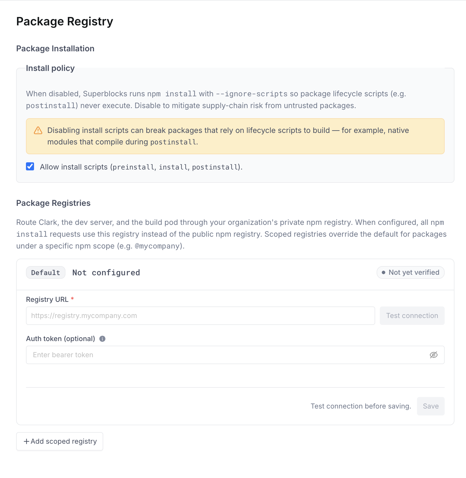 Package Registry settings page showing the Install policy card and an unconfigured default registry row