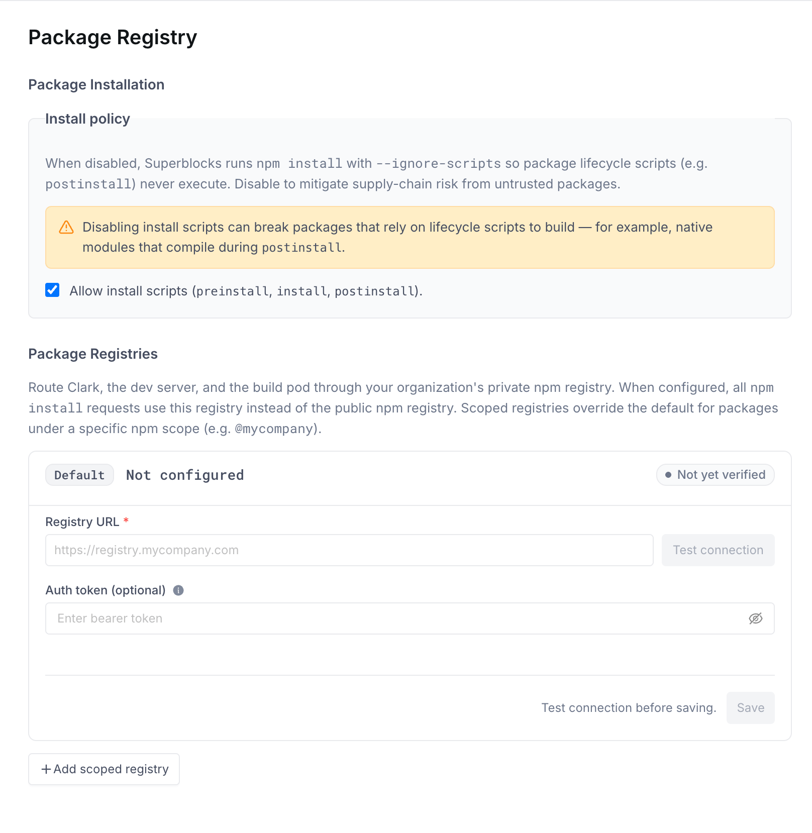 Package Registry settings page showing the Install policy card and an unconfigured default registry row