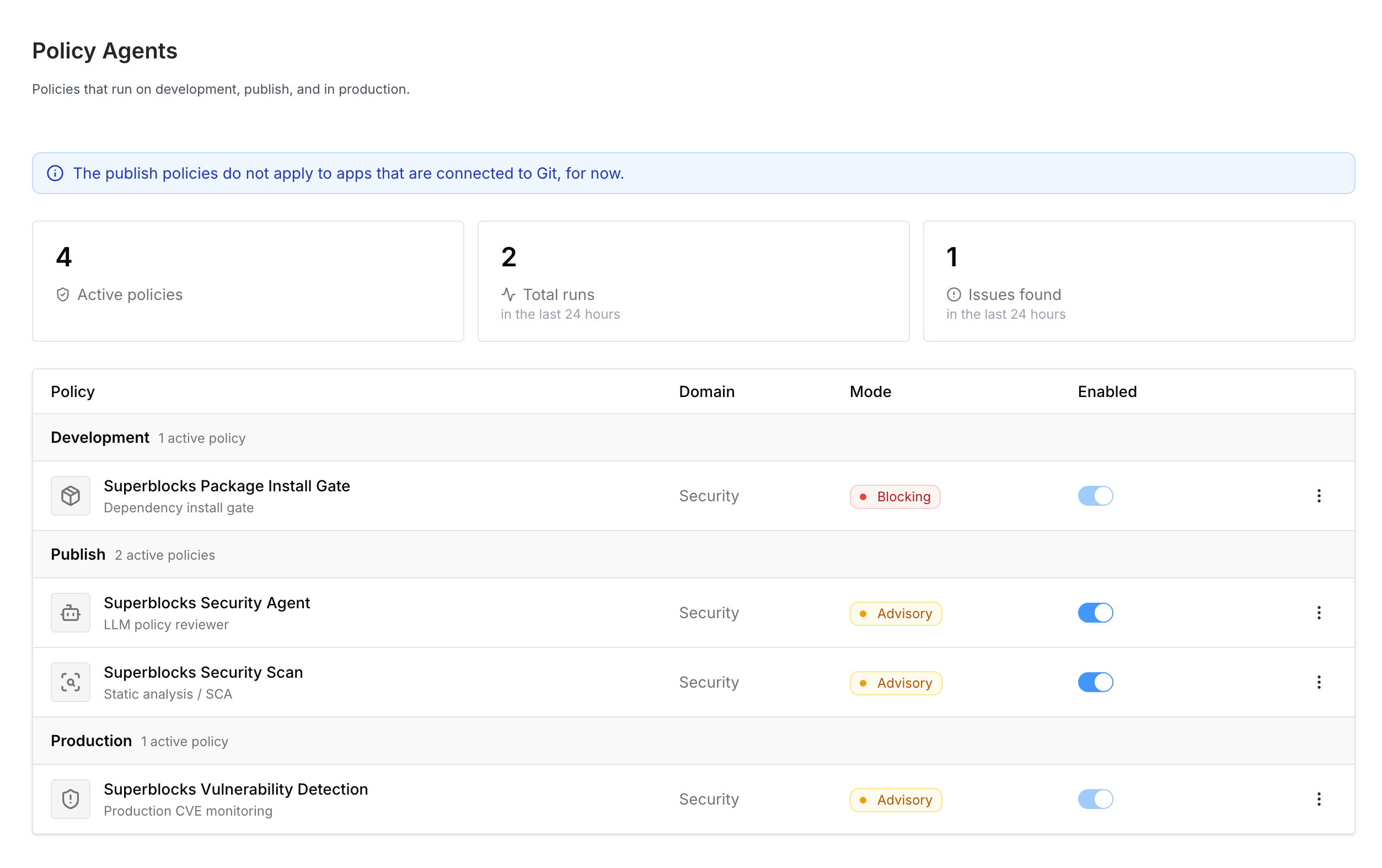 Policy Agents page listing Superblocks-managed policies for development, publish, and production