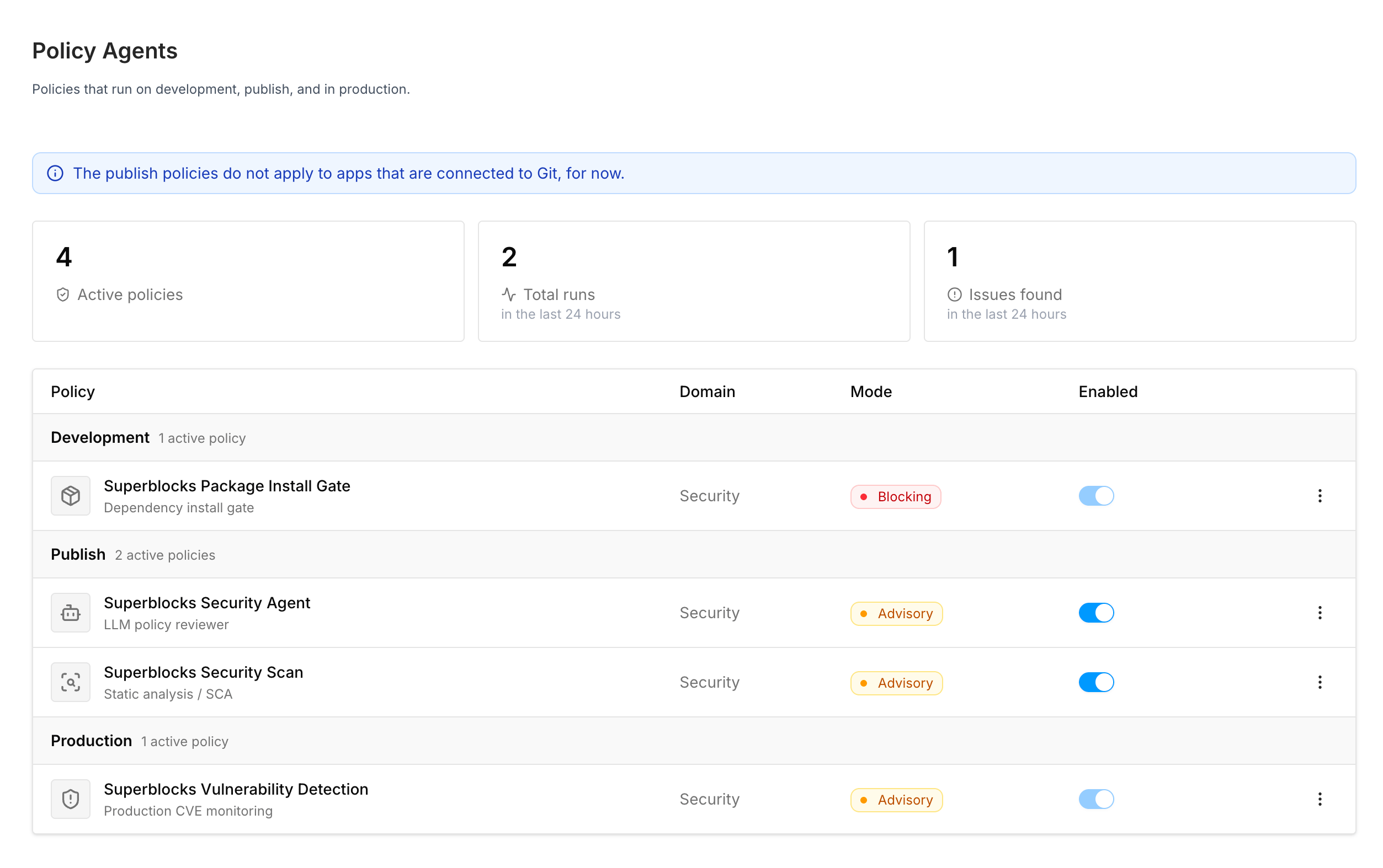 Policy Agents page listing Superblocks-managed policies for development, publish, and production