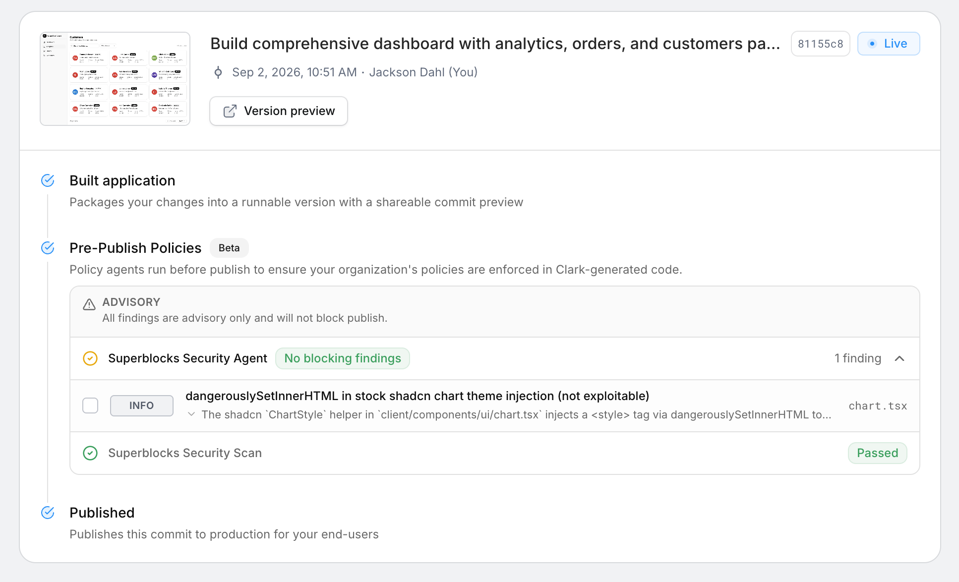 Pre-Publish Policies on a publish, showing an advisory run with one info finding