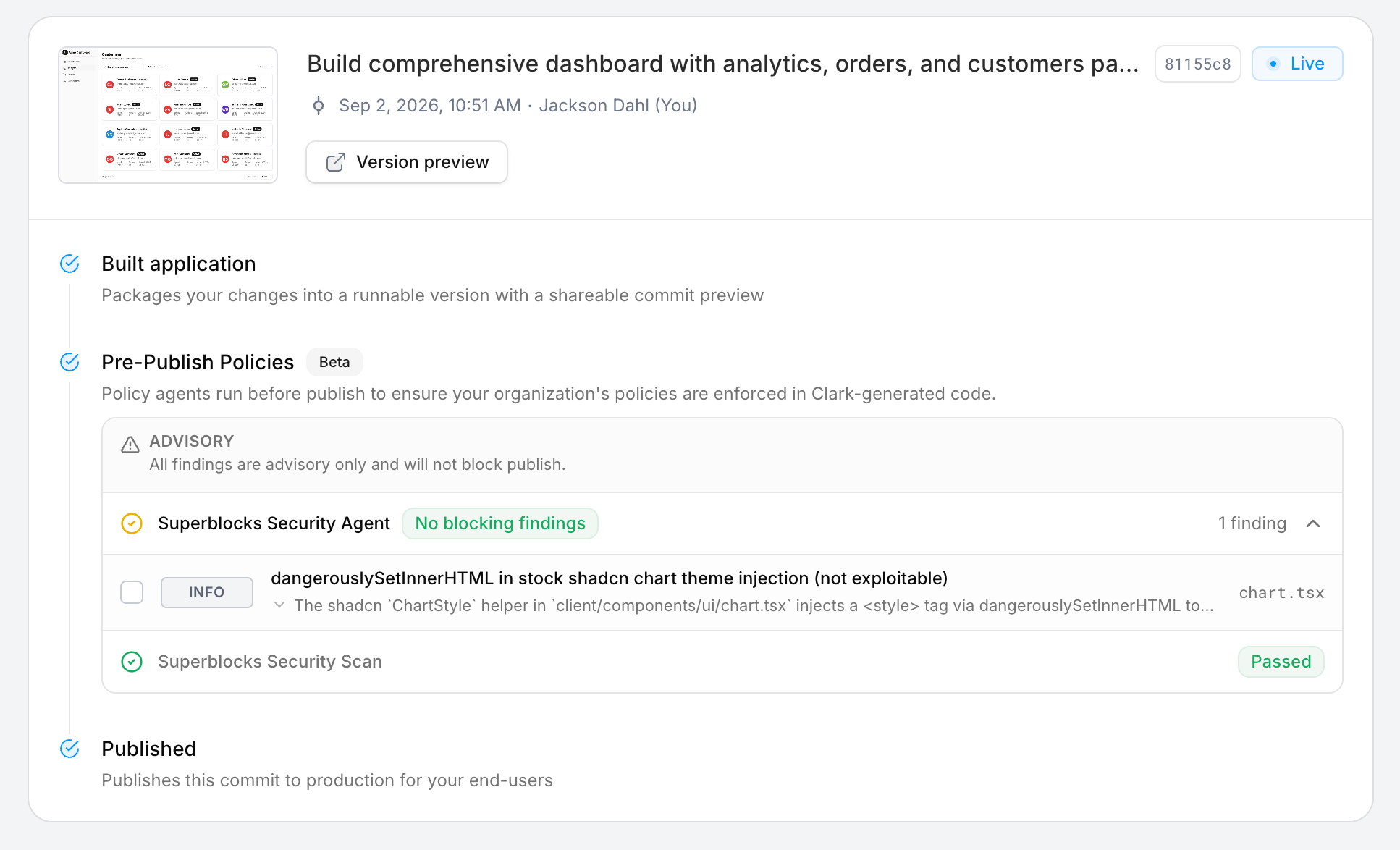 Pre-Publish Policies on a publish, showing an advisory run with one info finding