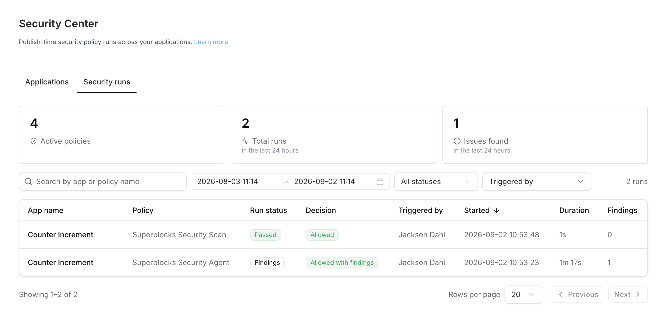 Security Center Security runs tab listing publish-time policy runs