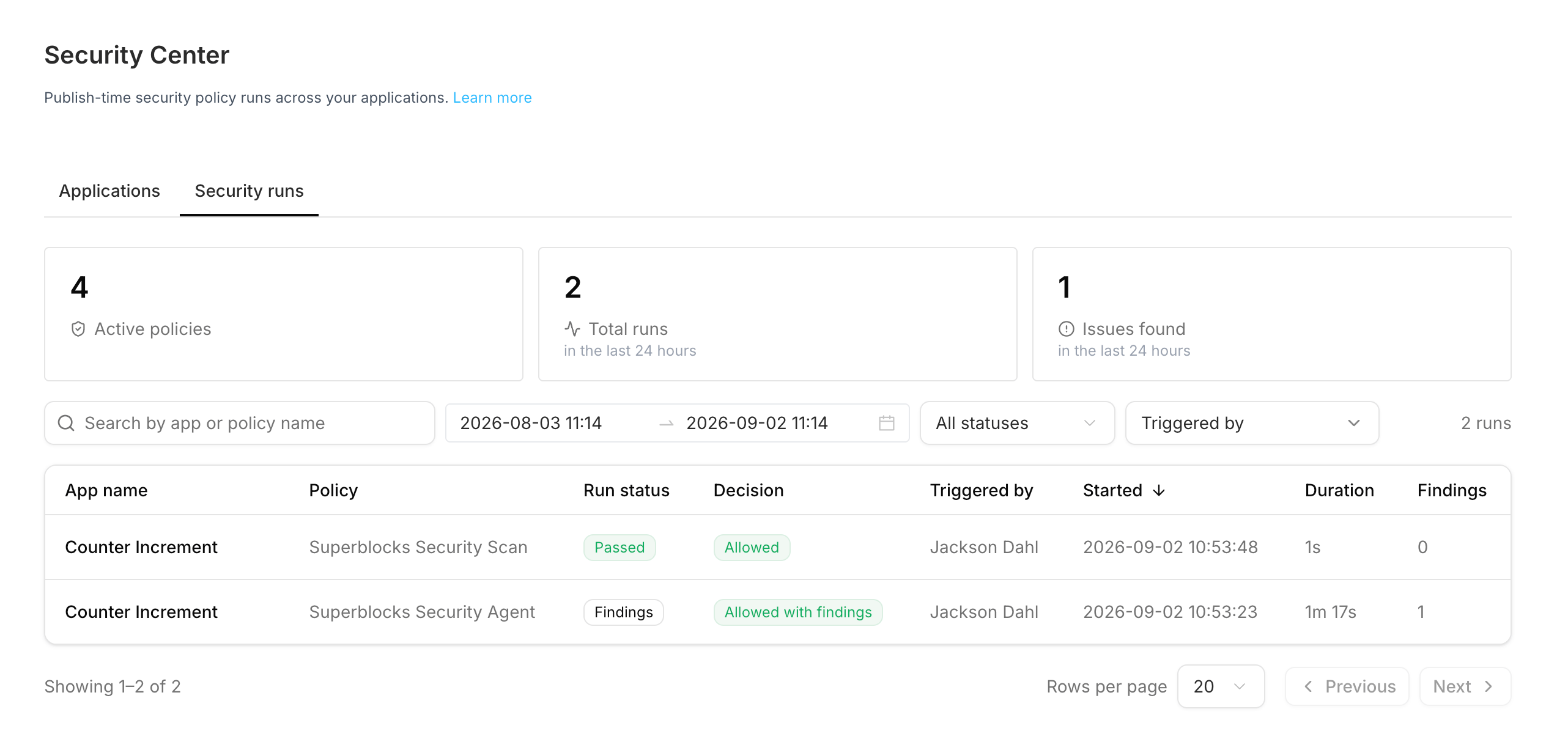 Security Center Security runs tab listing publish-time policy runs