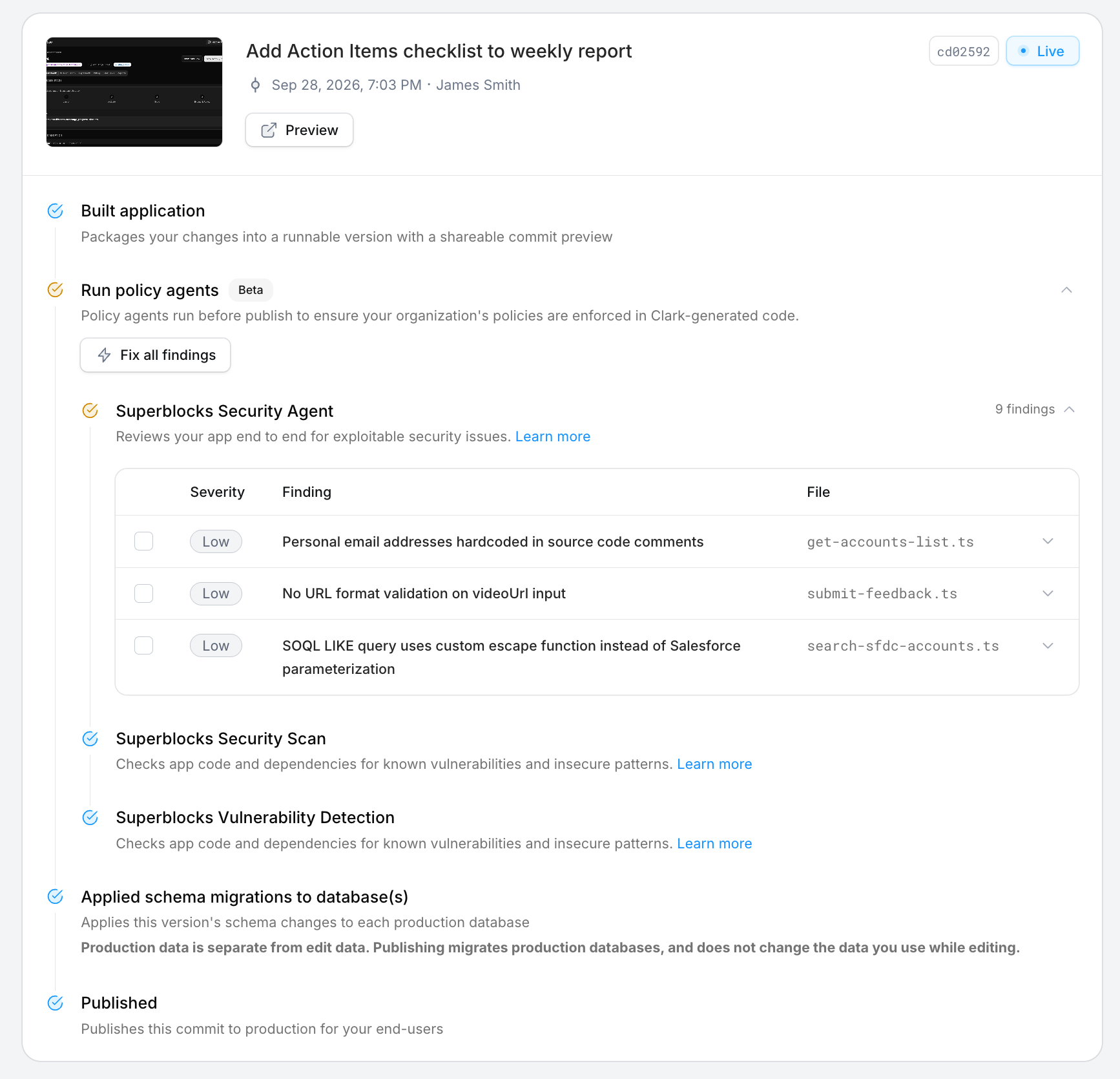 Publish checklist showing Security Agent findings, the Security Scan, and Vulnerability Detection