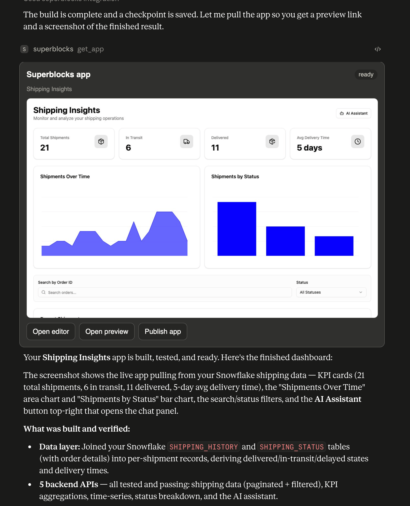 Builder MCP returning an app screenshot rendered inline in Claude