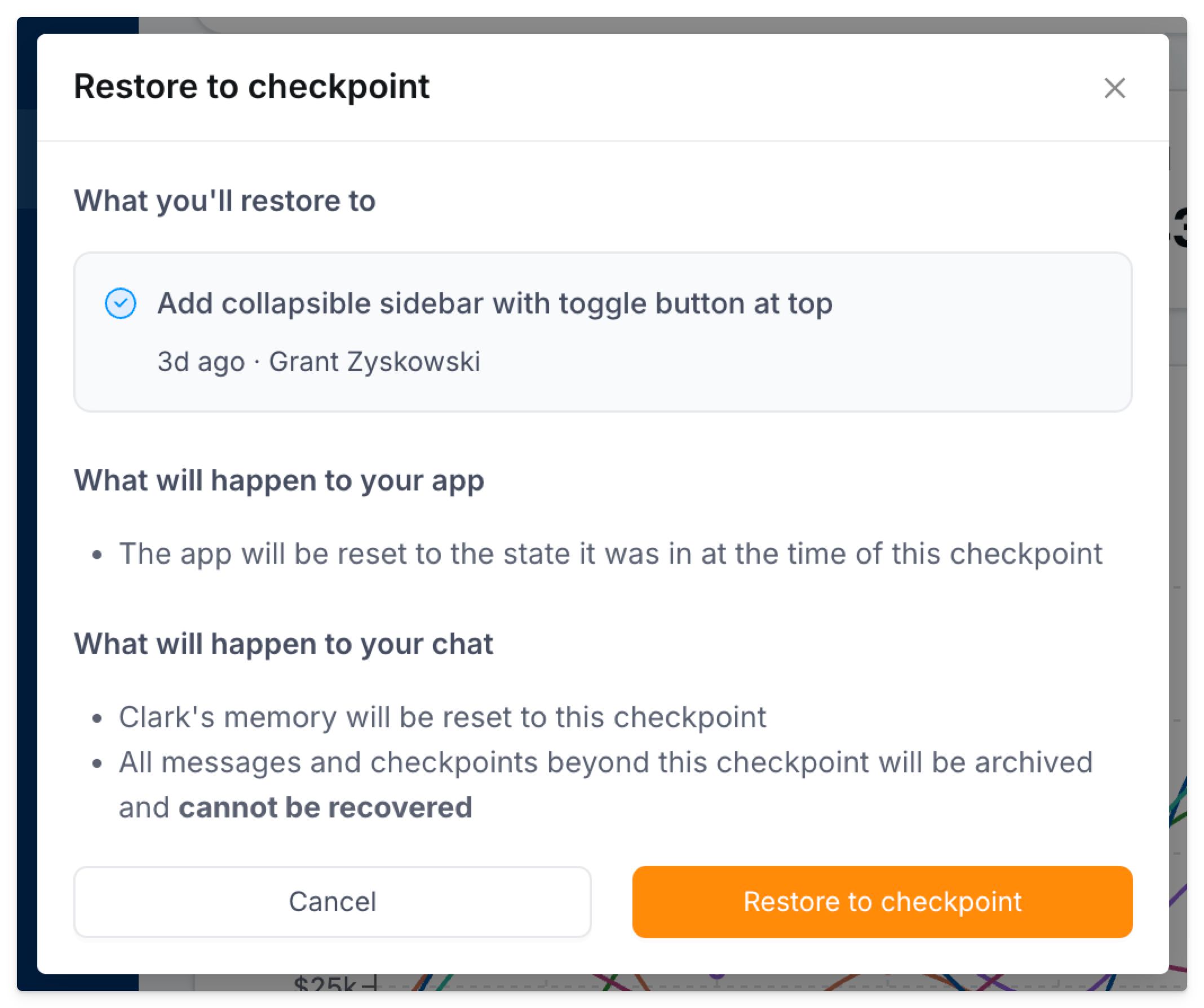 Restore to a previous checkpoint