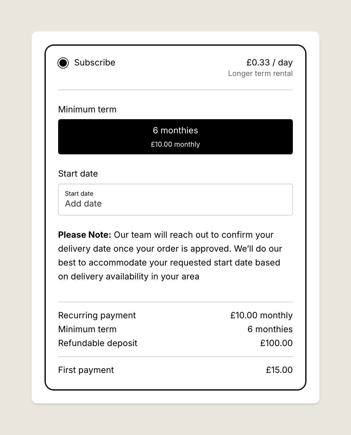 Customer view of disclaimer under requested start date field
