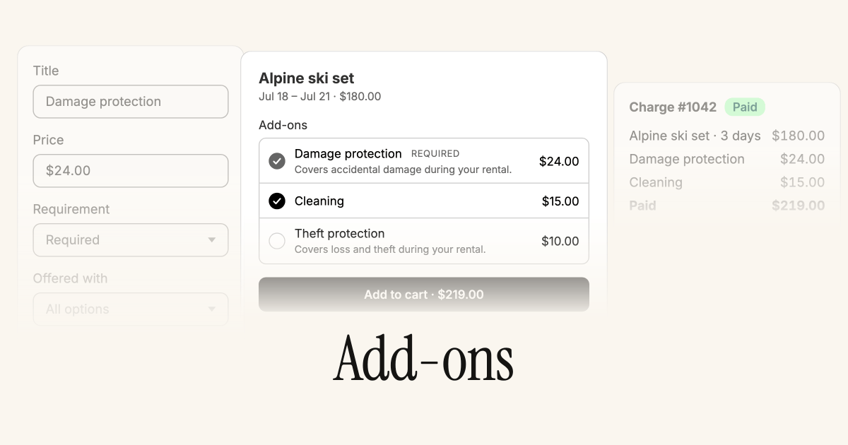 Required and optional add-ons like damage protection and cleaning offered on a rental, flowing through to the charge