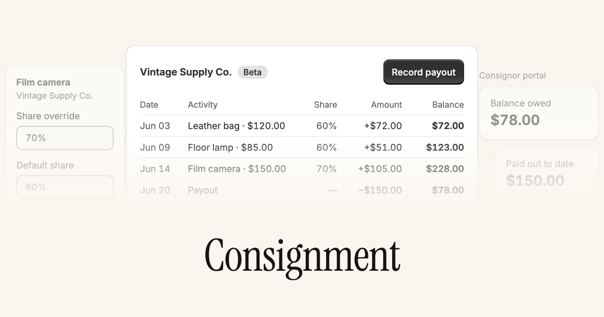 A consignor's activity ledger with revenue share, running balance, and payouts, alongside the consignor portal's balance owed