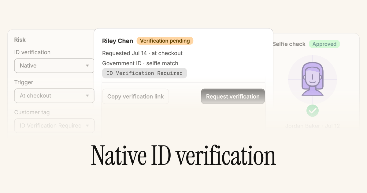 ID verification settings under Risk, a customer with verification pending, and an approved selfie check