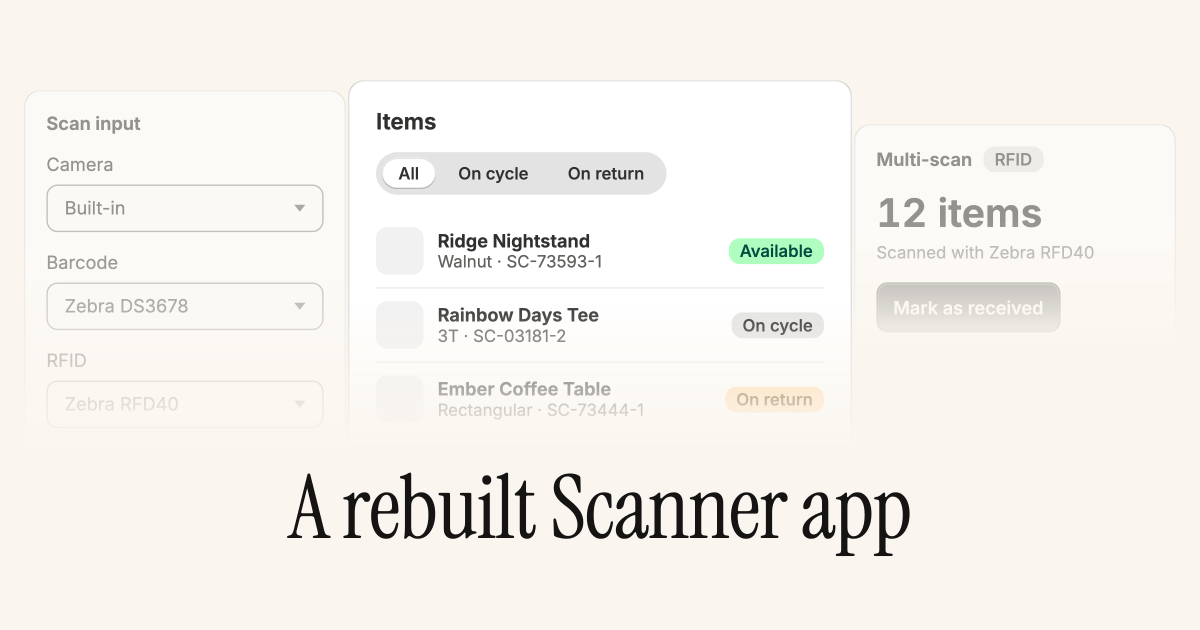 The rebuilt Scanner app with camera, Zebra barcode, and RFID inputs, a filtered items list with status pills, and a multi-scan bulk action
