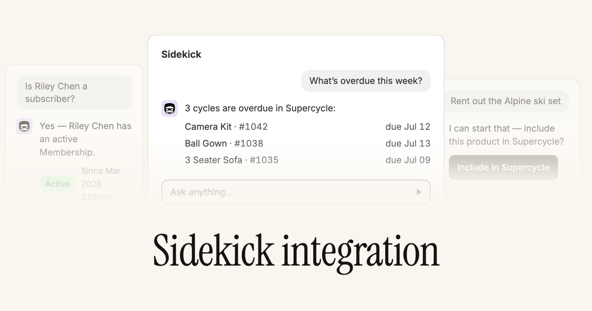 Shopify Sidekick answering questions about overdue cycles and subscribers, and offering to include a product in Supercycle