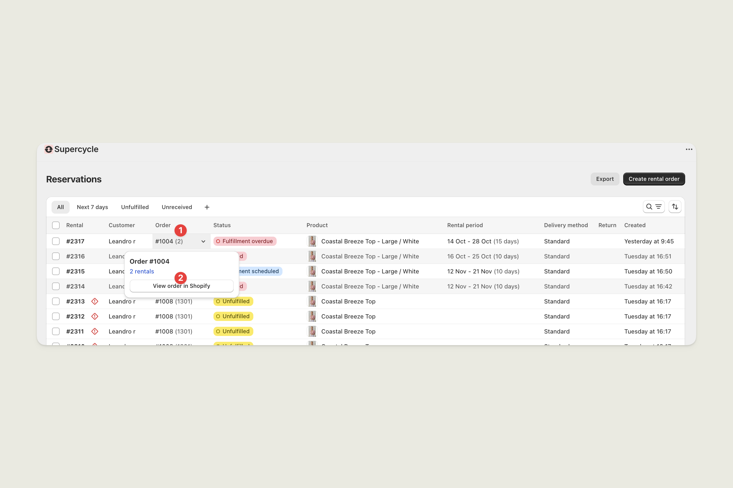 Shopify order link in Supercycle reservation view