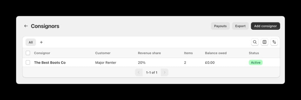 The consignors list in Supercycle admin, showing revenue share, items, and balance owed