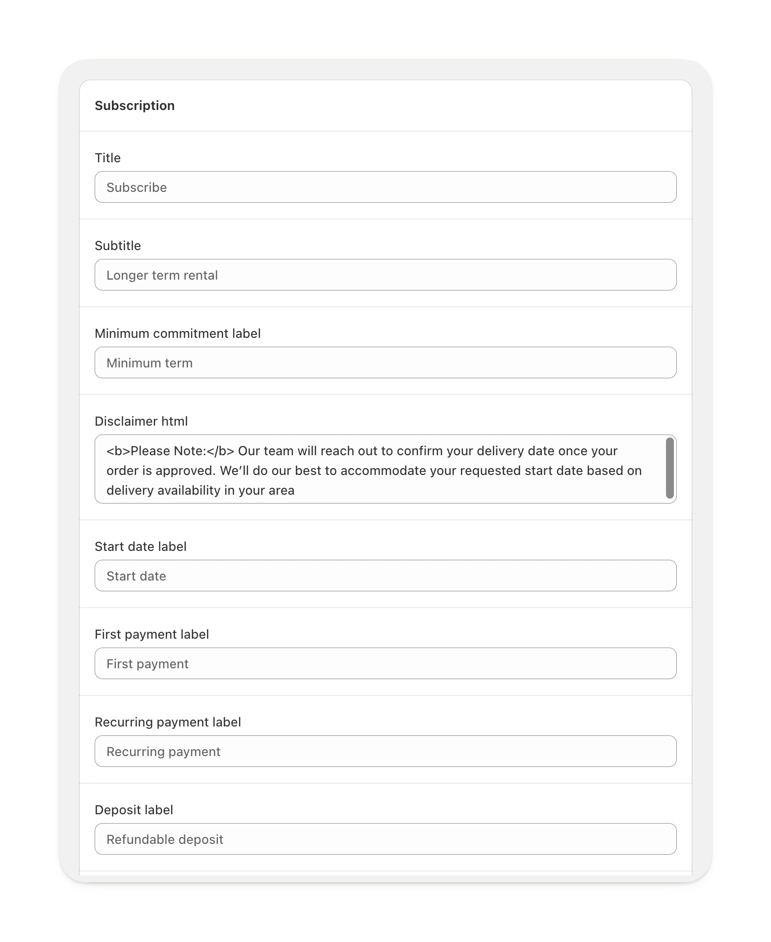 Admin view of disclaimer field in subscription method settings