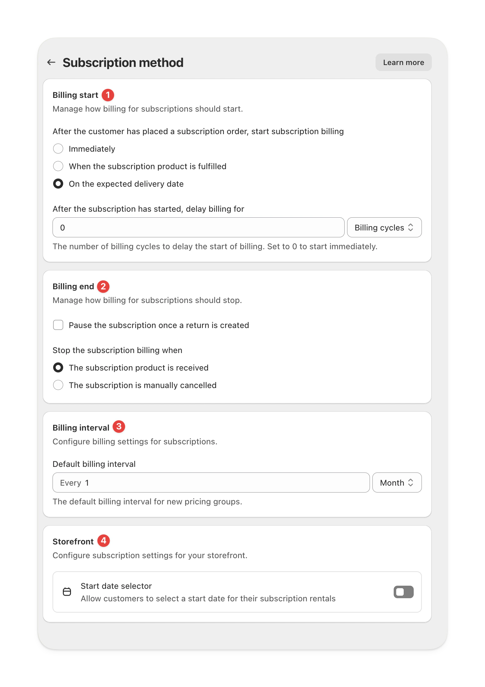 Subscription method settings in Supercycle with numbered red circles referencing each section