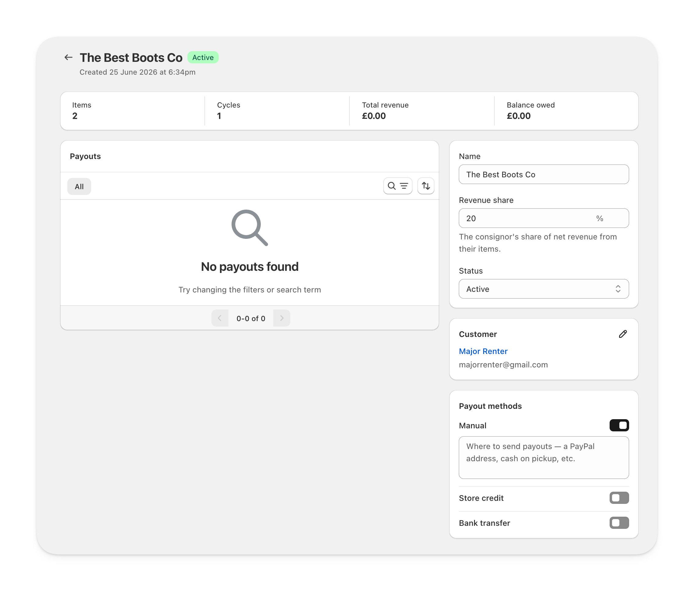 A consignor's page in the Supercycle admin, with payout methods on the right