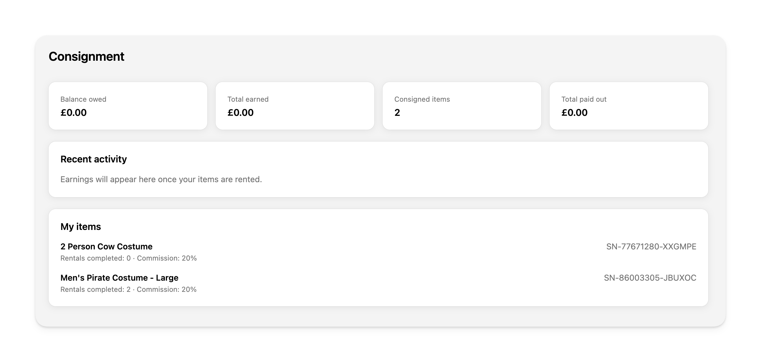 Consignment page in a Shopify customer account