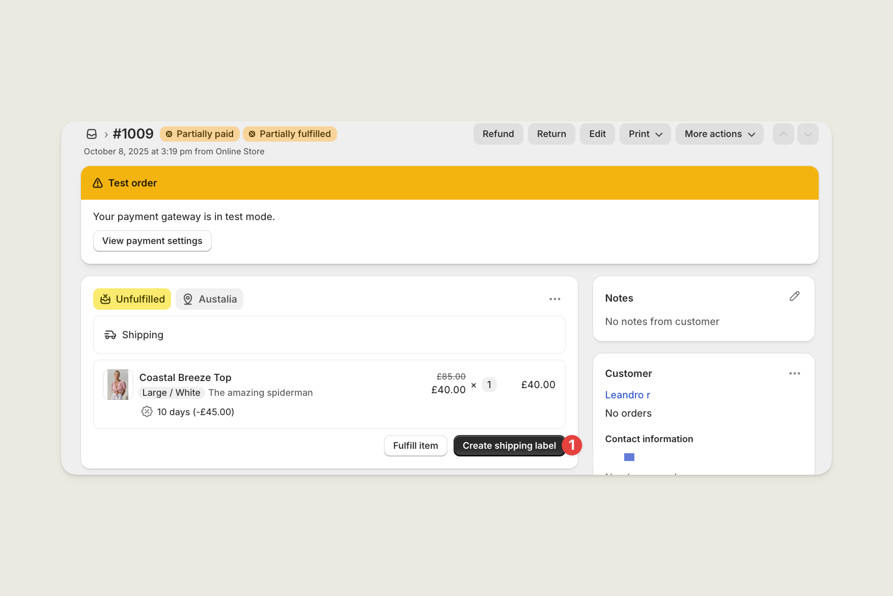 Create shipping label button in Shopify order view