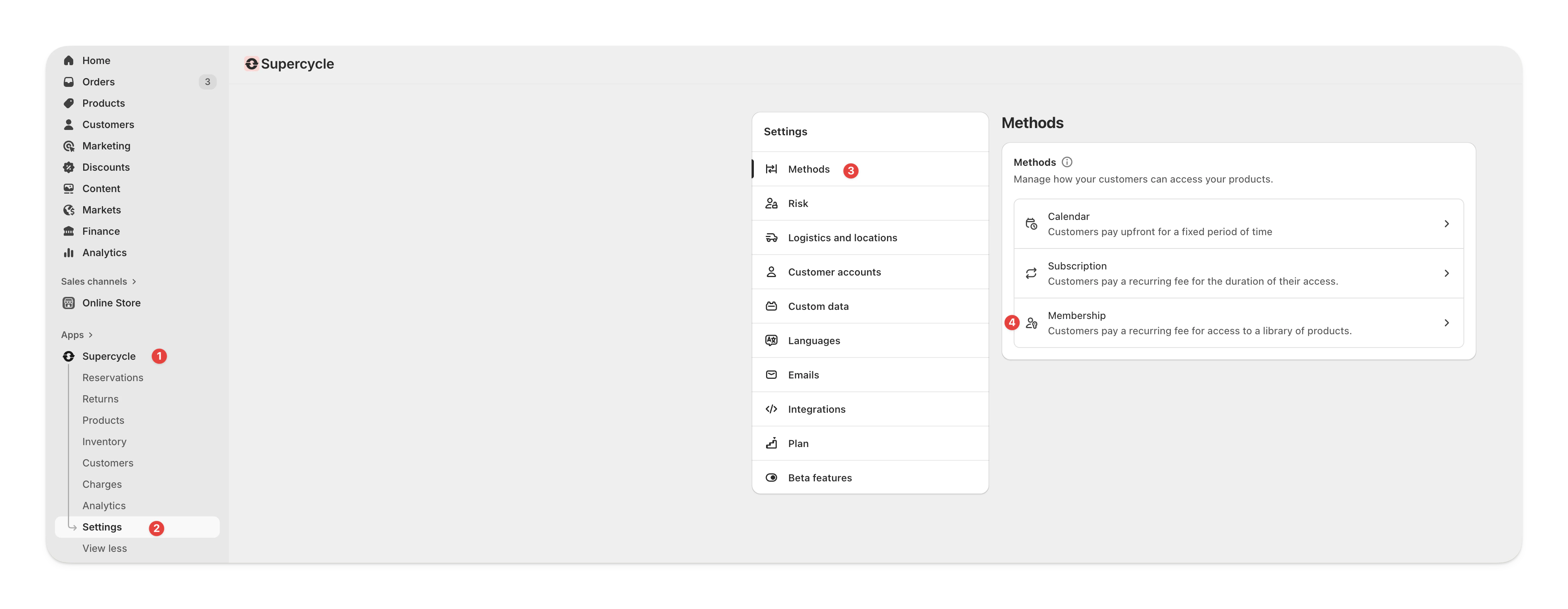 Supercycle settings page showing navigation to membership plan section