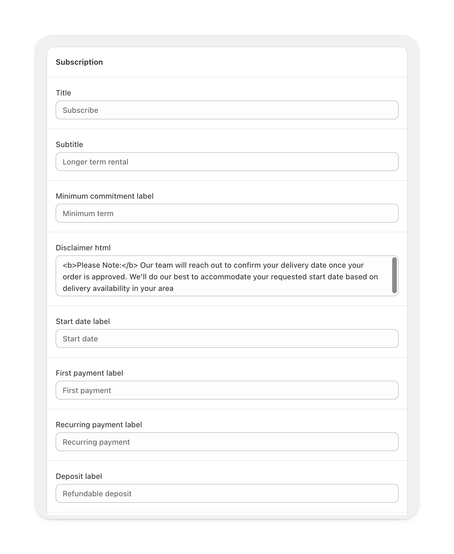 Admin view of disclaimer field in subscription method settings