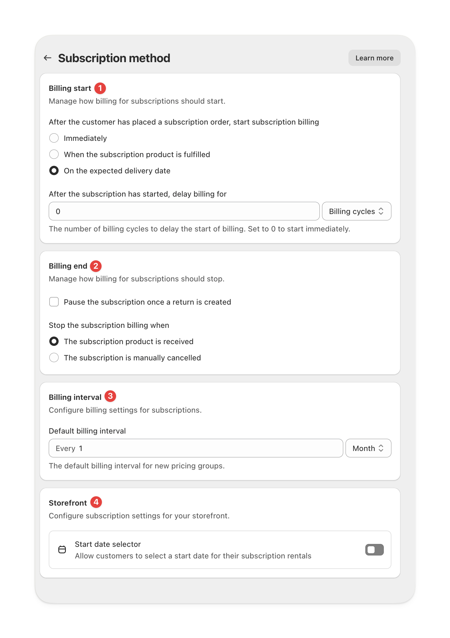 Subscription method settings in Supercycle with numbered red circles referencing each section
