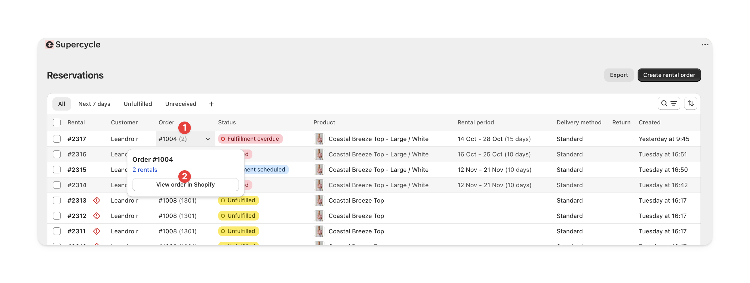 Shopify order link in Supercycle reservation view