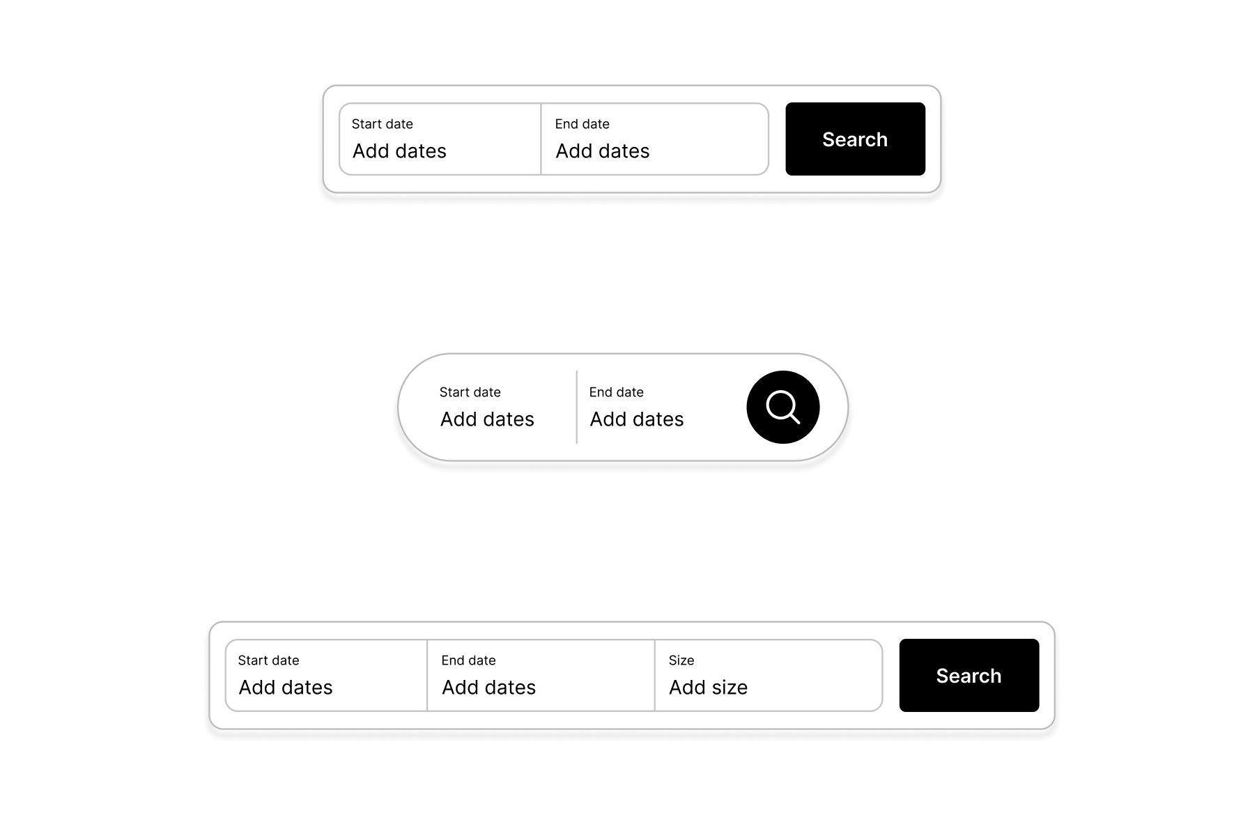 The Availability search app block in three layouts: start and end date fields with a Search button, the same fields with a round search icon, and a version with an extra Size field