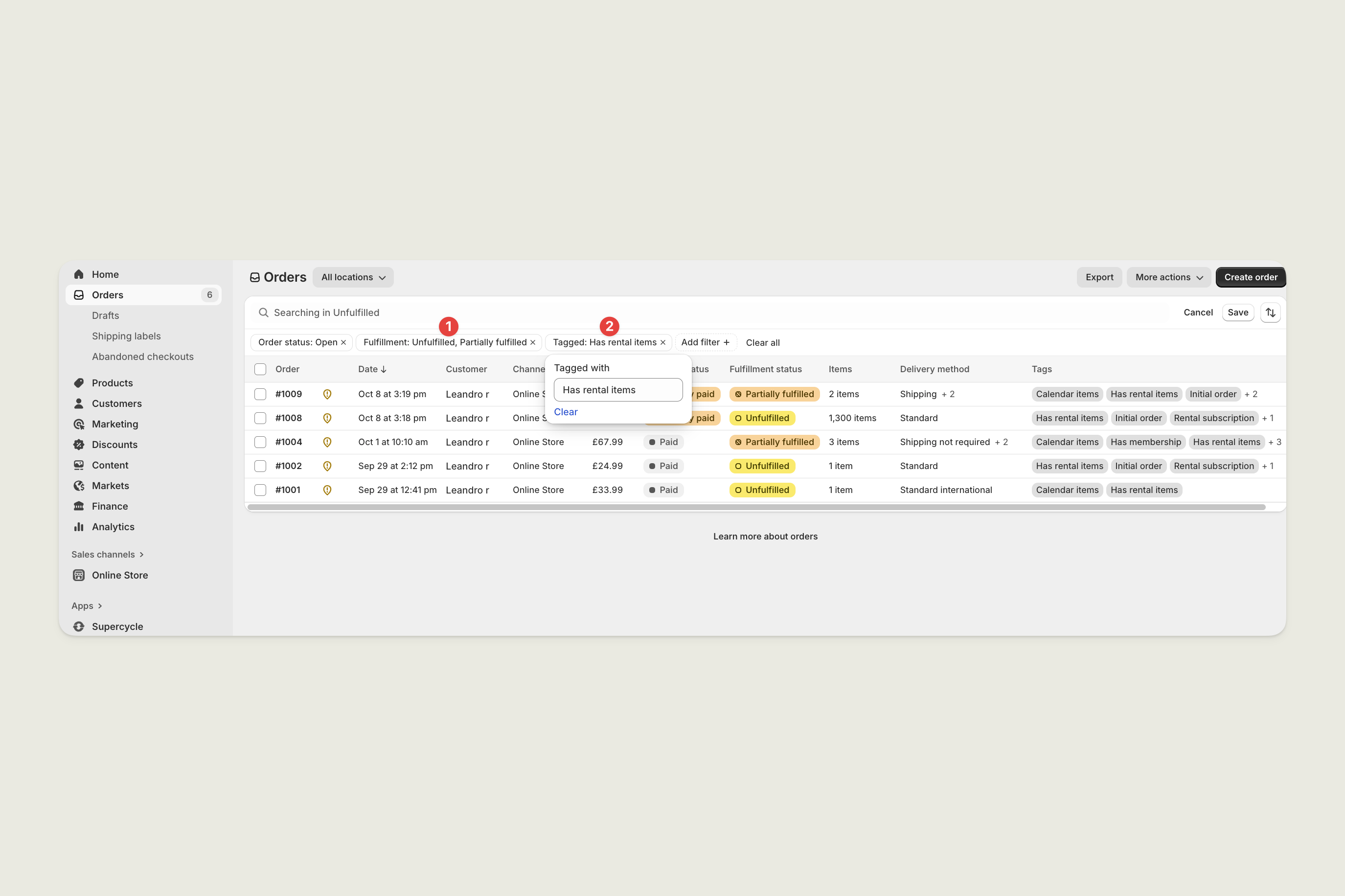 Filtering unfulfilled rental orders in Shopify orders view