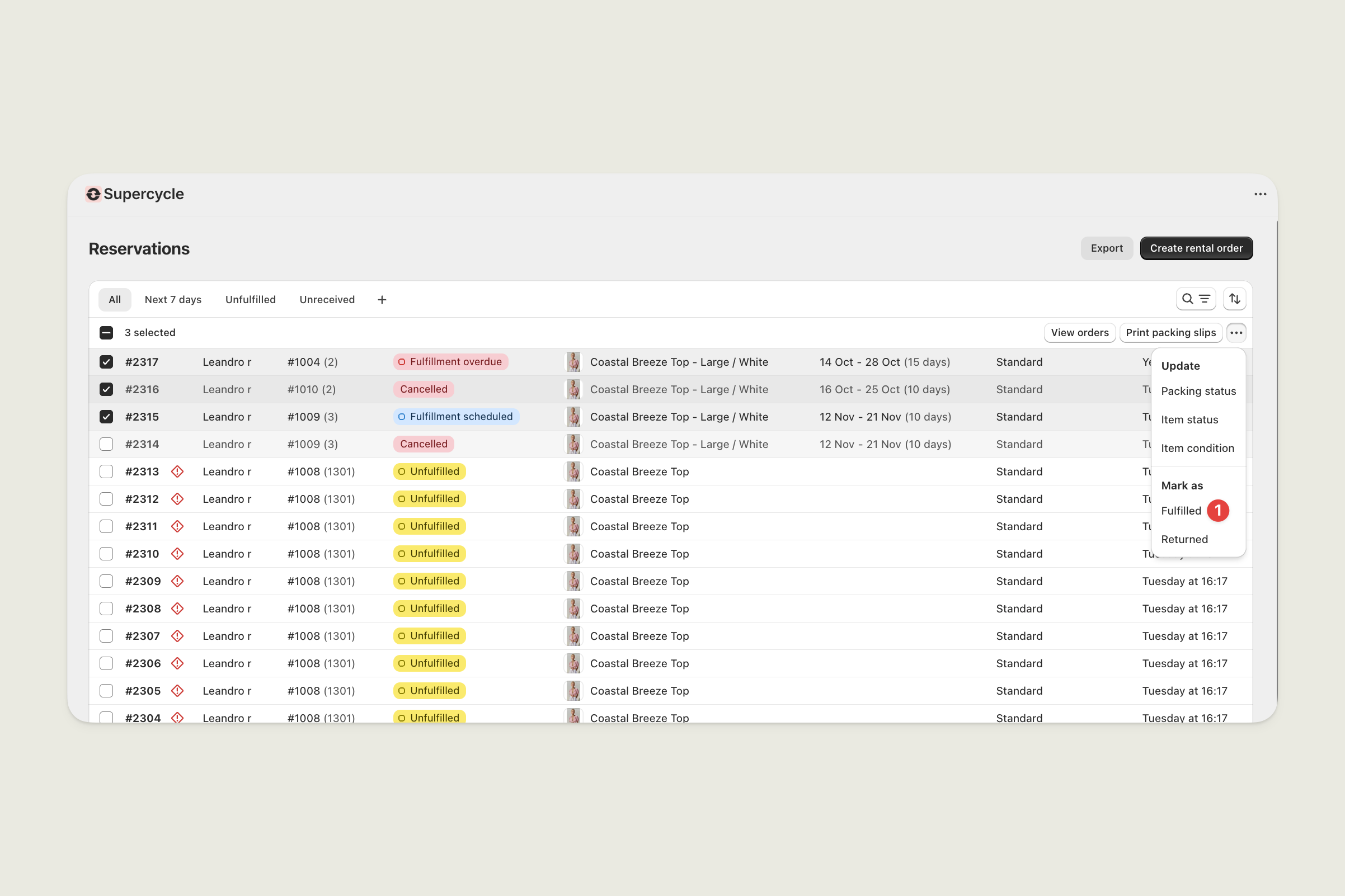 Mark as fulfilled button in Supercycle reservations view