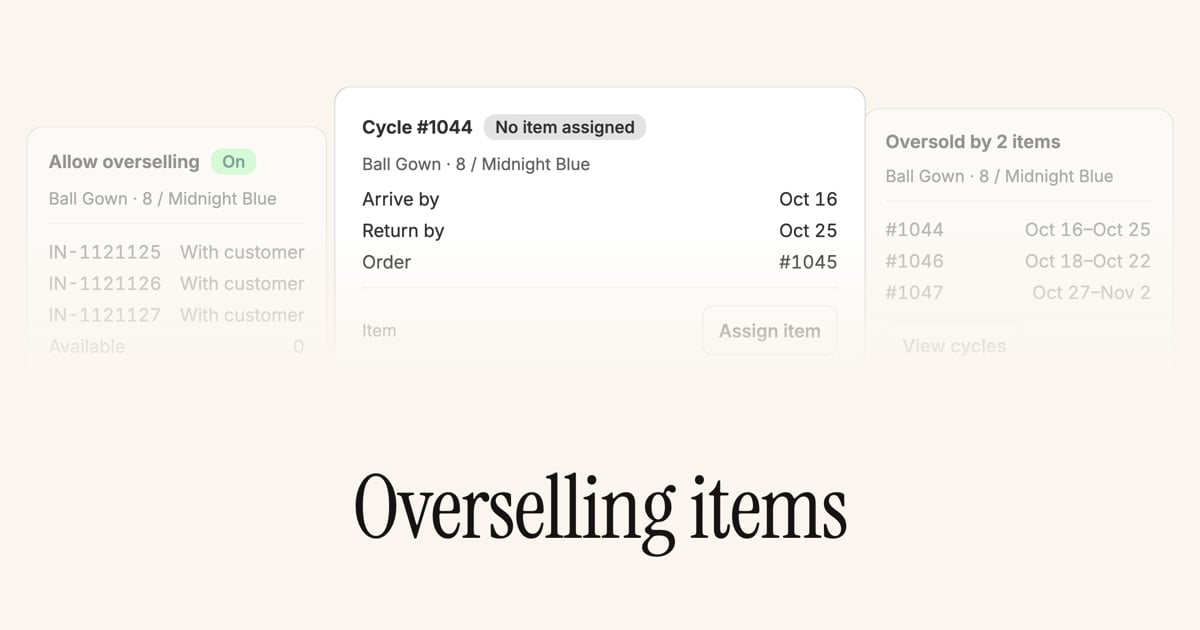 A variant with Allow overselling on and all three items with customers, a cycle carrying No item assigned, and the variant panel reading Oversold by 2 items