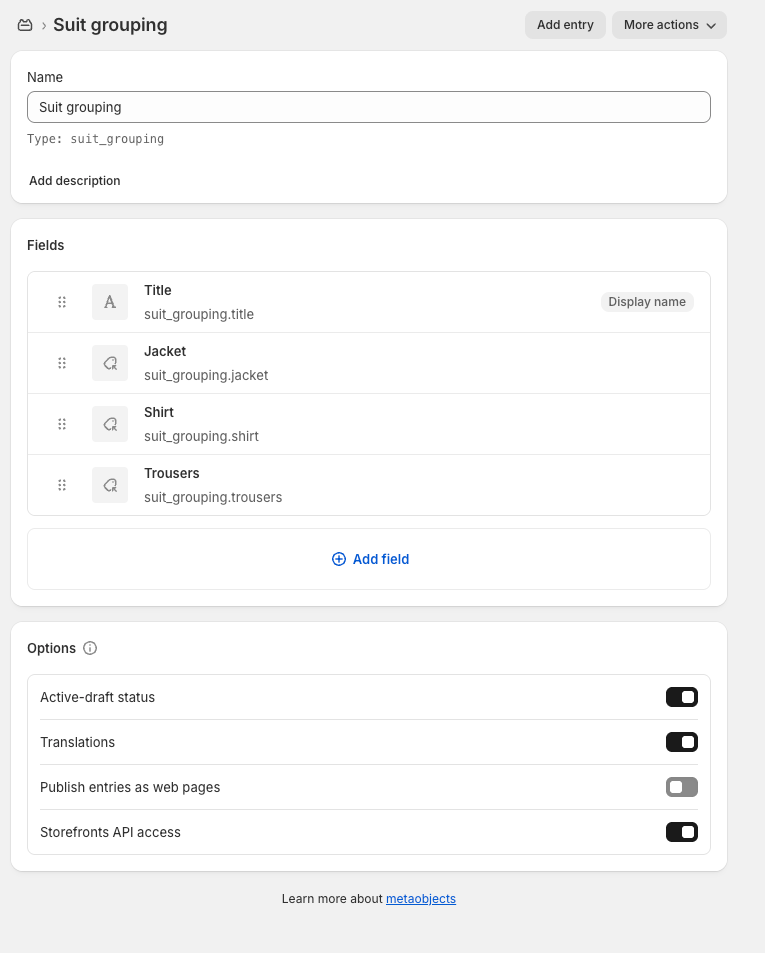 Shopify metaobject definition with product fields for jacket, shirt, and trousers