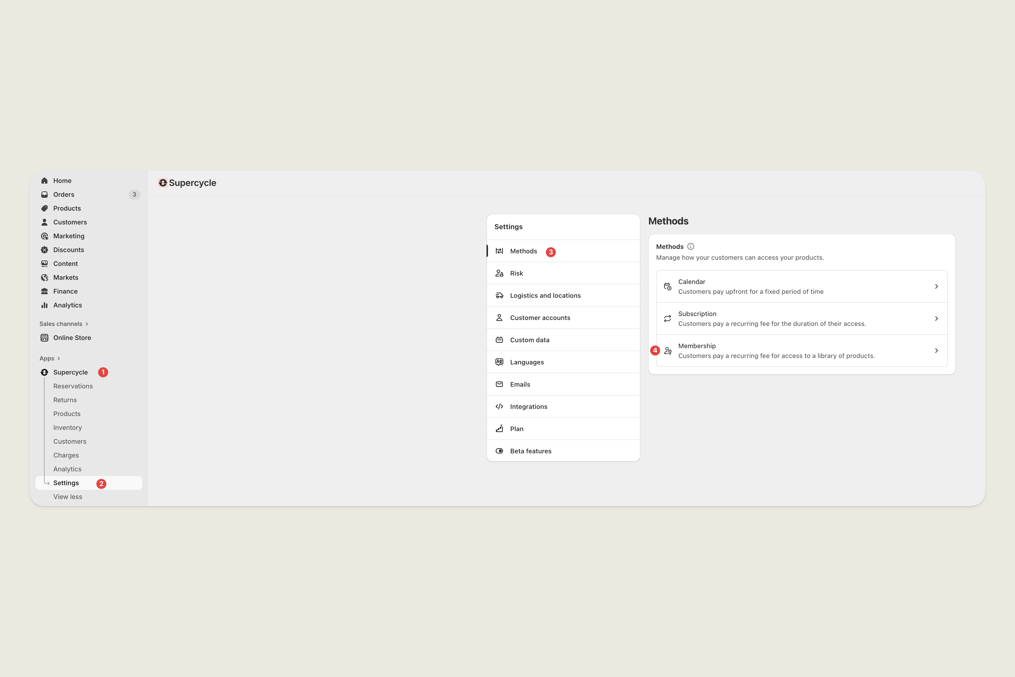 Supercycle settings page showing navigation to membership plan section