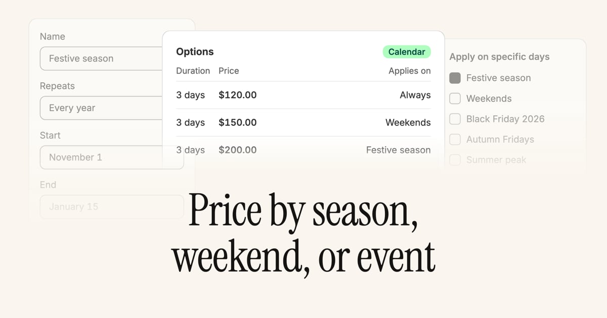 An override date set to repeat every year from November 1 to January 15, and a product's calendar options showing three 3-day prices with an Applies on column reading Always, Weekends, and Festive season