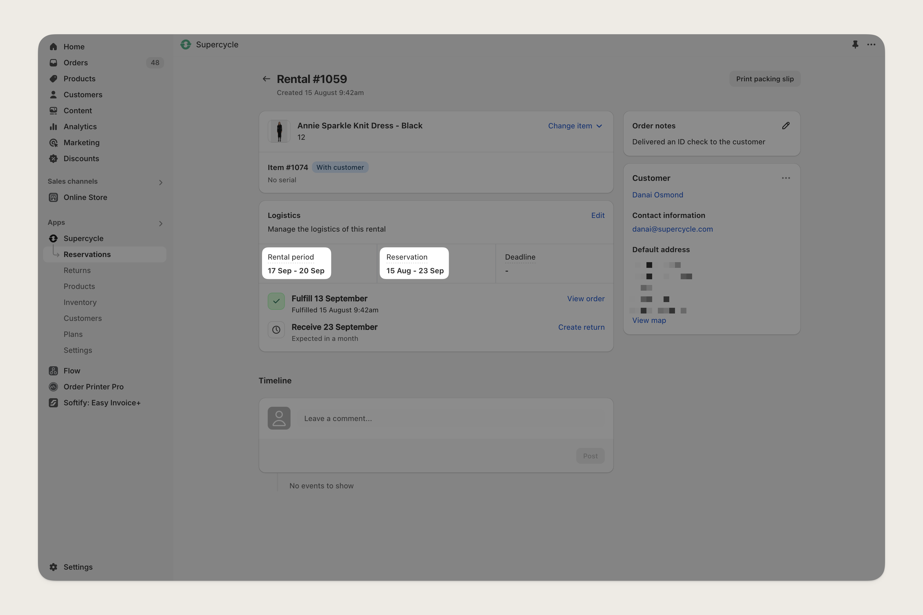 Rental page showing rental dates and reservation dates with buffers