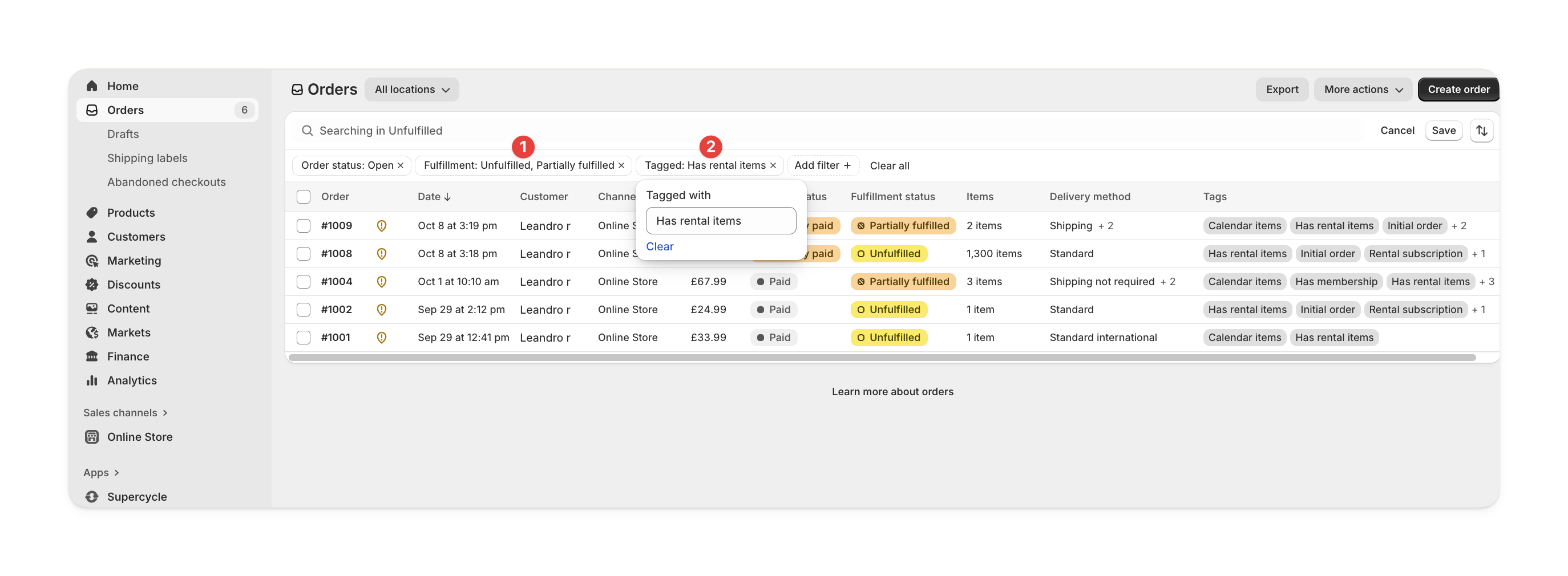 Filtering unfulfilled rental orders in Shopify orders view