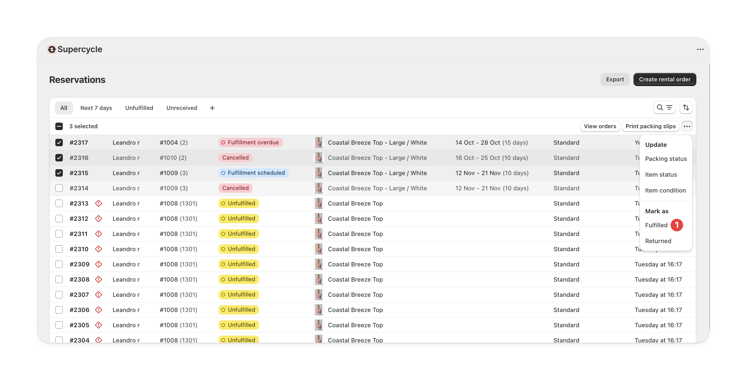 Mark as fulfilled button in Supercycle reservations view